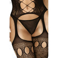 Black mesh bodysuit with intricate cutout patterns and circular leg openings killer legs mesh net g-string one size