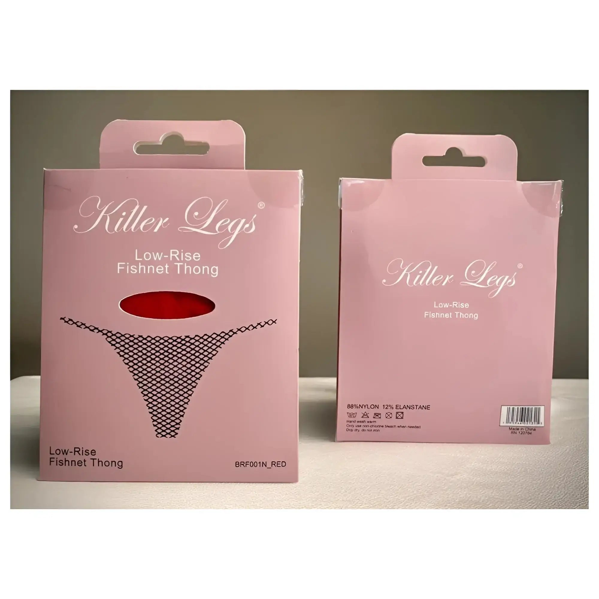 Pink packaged killer legs low-rise fishnet thong in red showing the back side in mesh net g string black one size