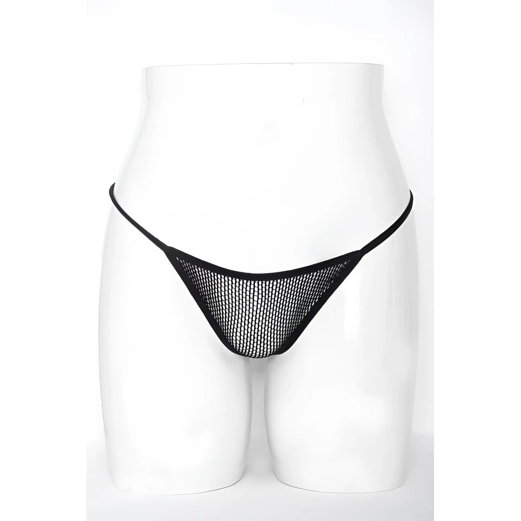 Black mesh thong with thin elastic waistband showing back side in killer legs mesh net g-string black one size