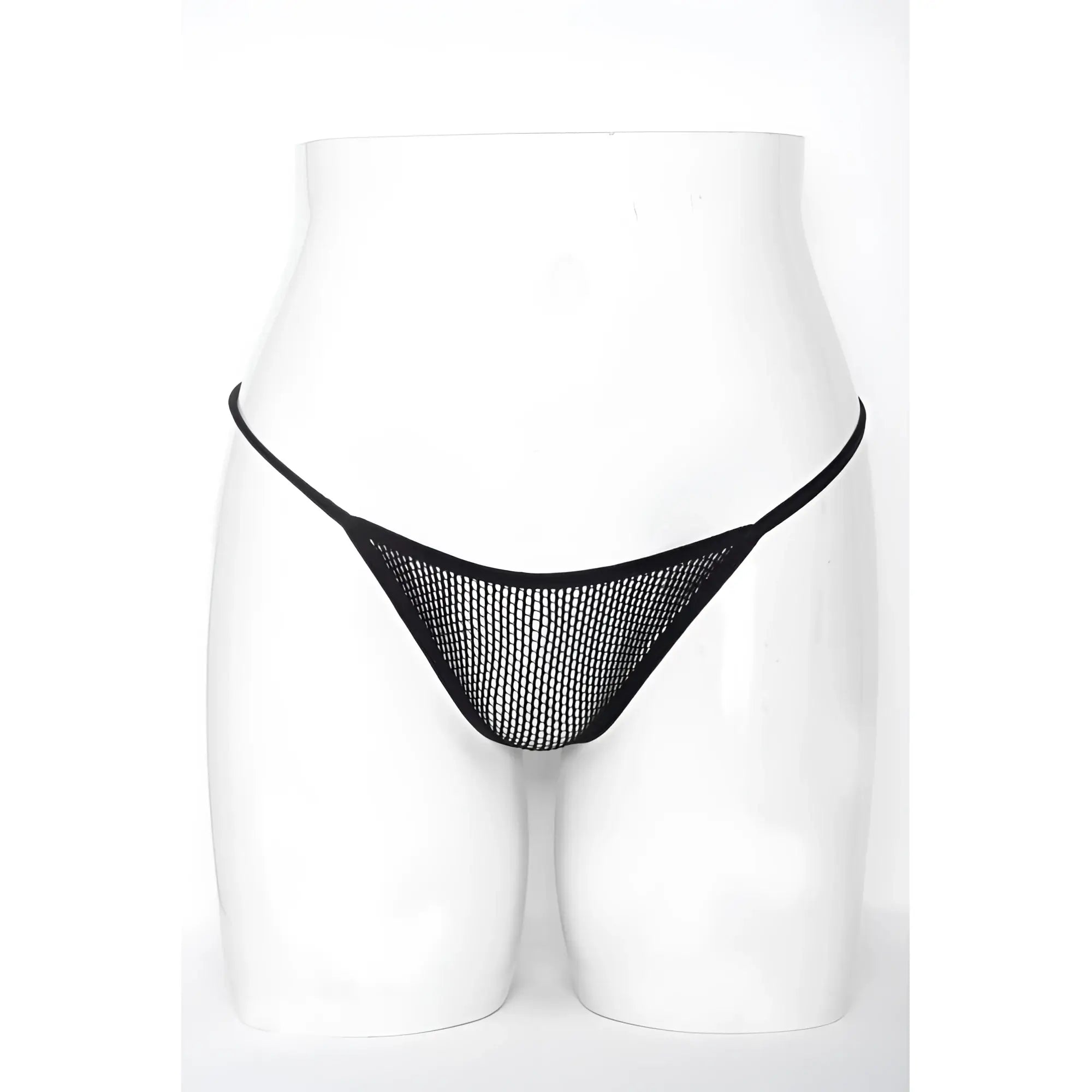 Black mesh thong with thin elastic waistband showing back side in killer legs mesh net g-string black one size
