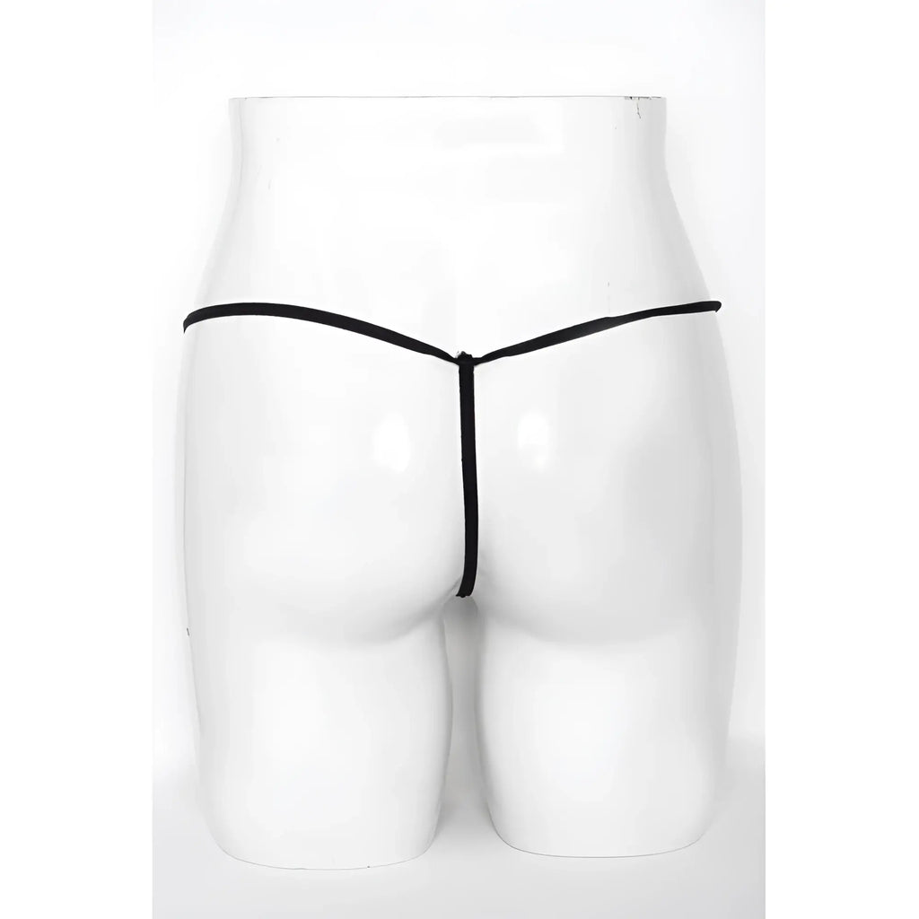 Black thong g-string with thin sleek design and smooth mesh net fabric shown from the back in one size killer legs
