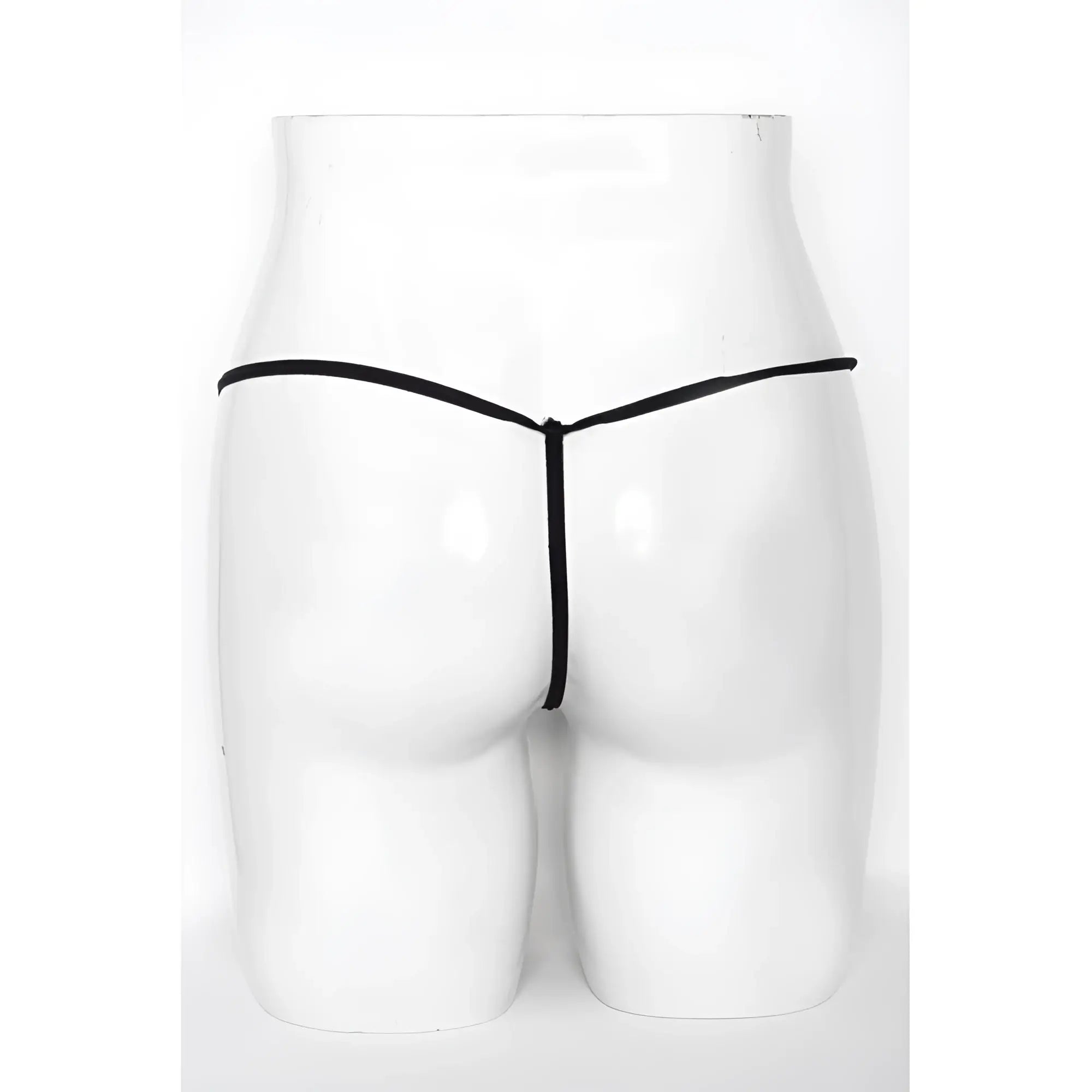 Black thong g-string with thin sleek design and smooth mesh net fabric shown from the back in one size killer legs