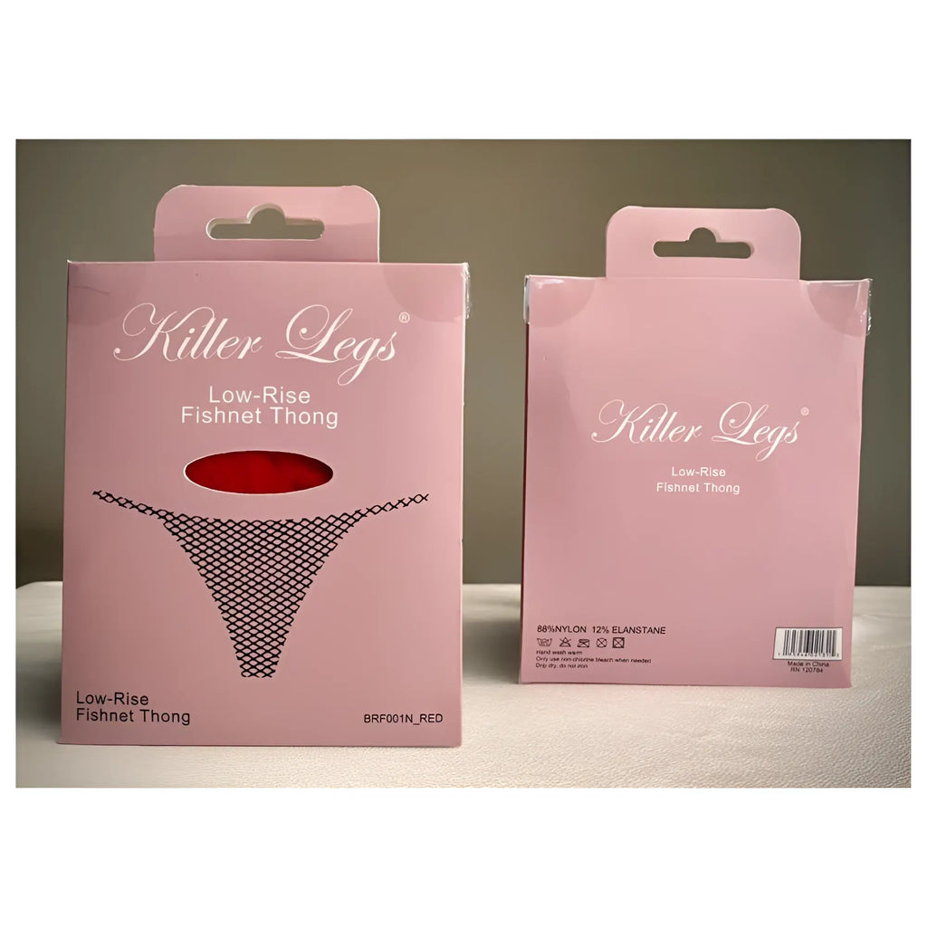 Pink packaged killer legs low-rise fishnet thong in red mesh net g-string showing back side one size