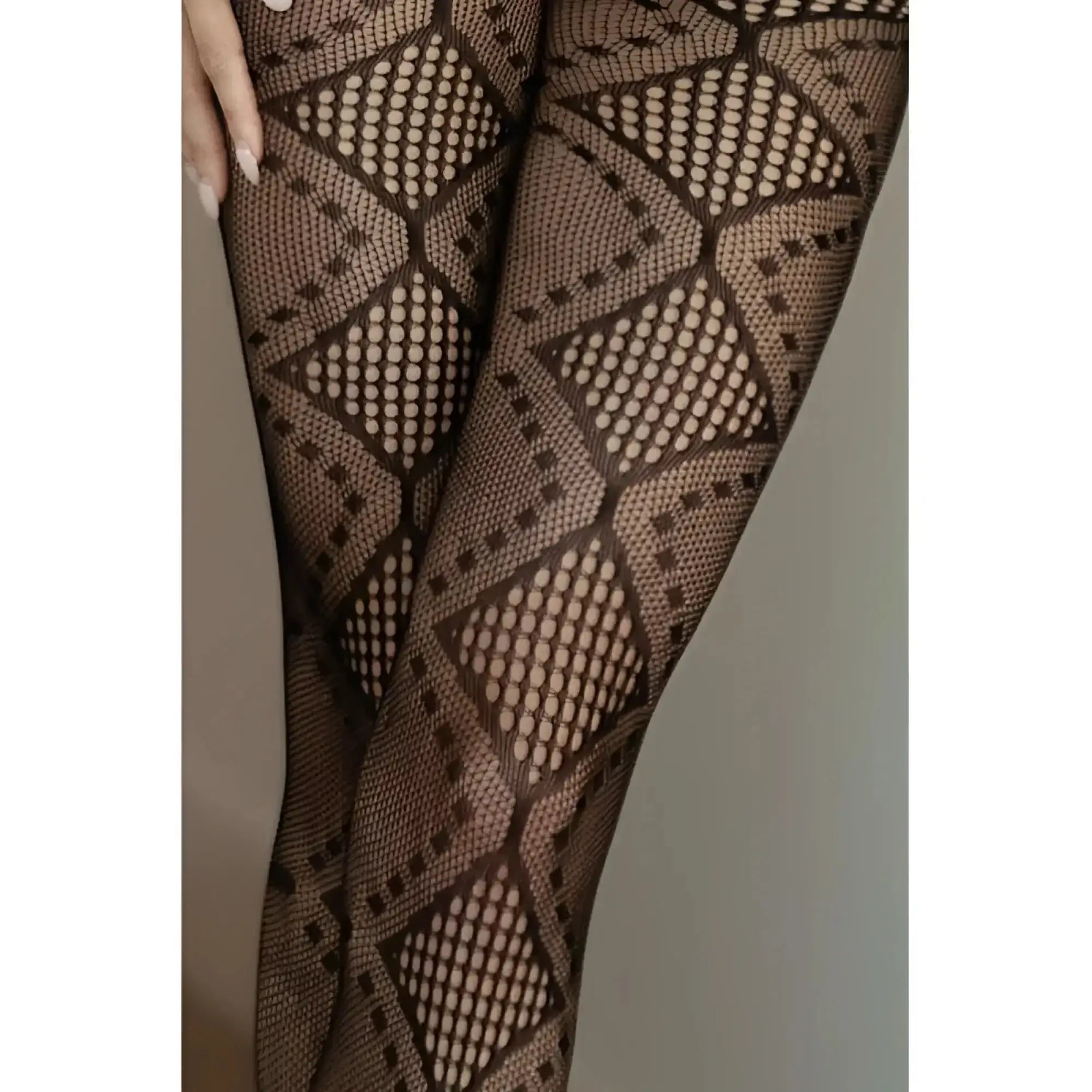 Black sheer fishnet tights killer legs midnight allure with geometric diamond pattern and dotted detailing in one size