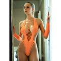 Vibrant orange killer legs never lose me cut-out bodystocking one piece swimsuit with halter neckline and intricate patterns