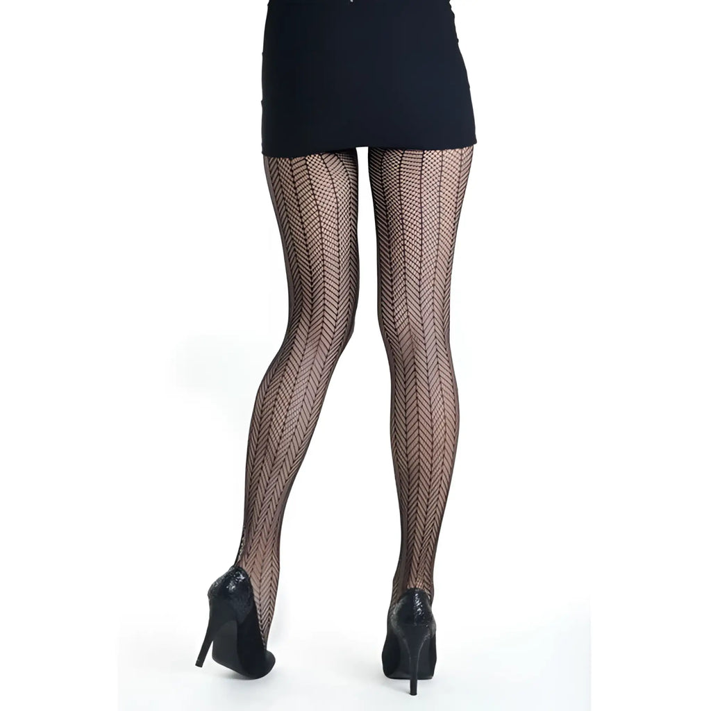 Black herringbone-patterned sheer arrow mesh tights worn with a black mini skirt and high heels one size