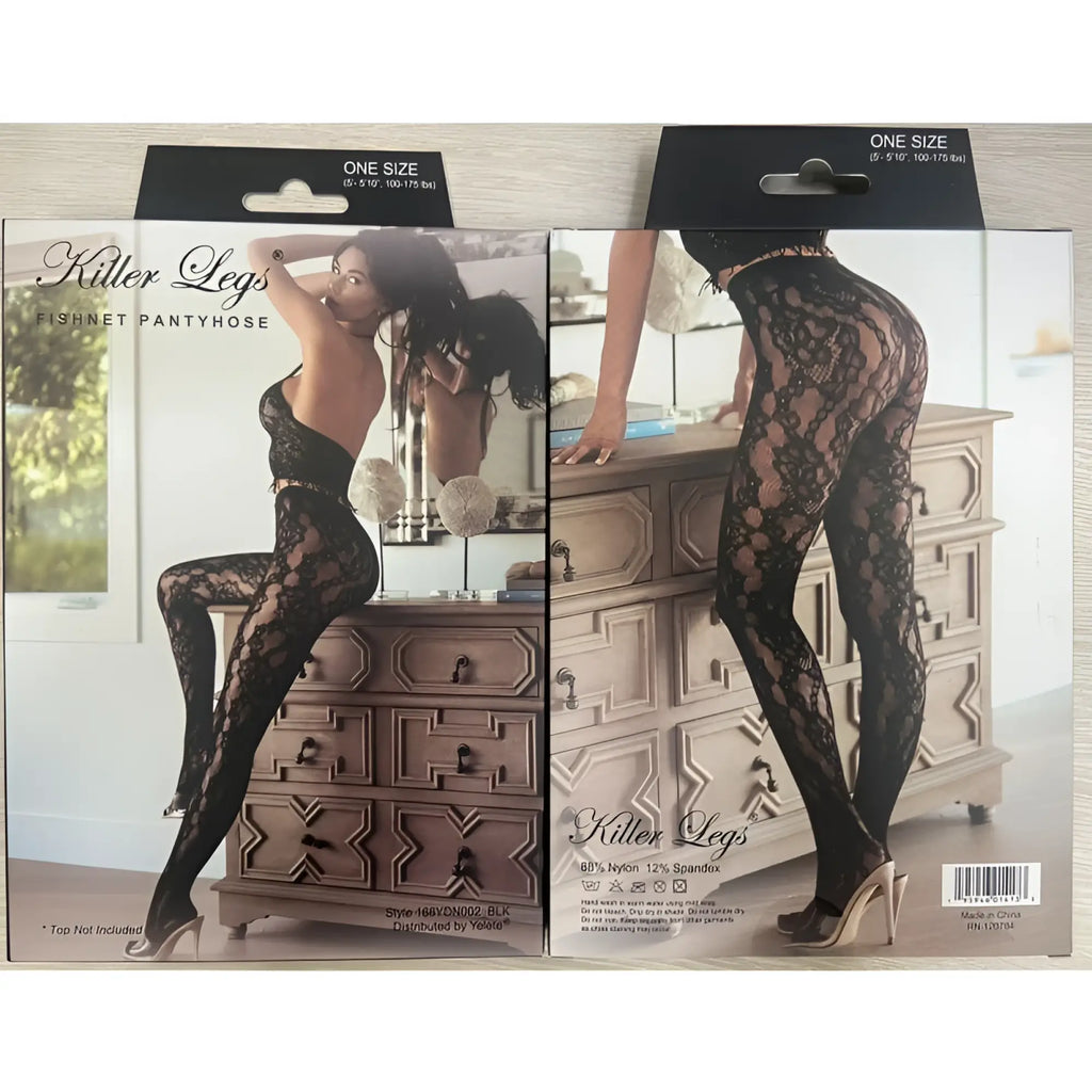 Black lace fishnet pantyhose from Killer Legs featuring sheer mesh and intricate floral patterns in black one size