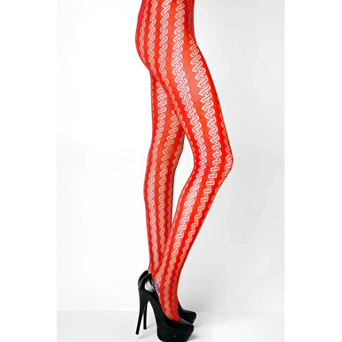 Red patterned fishnet tights with white zigzag designs from killer legs stella elyse coiled lines in red one size