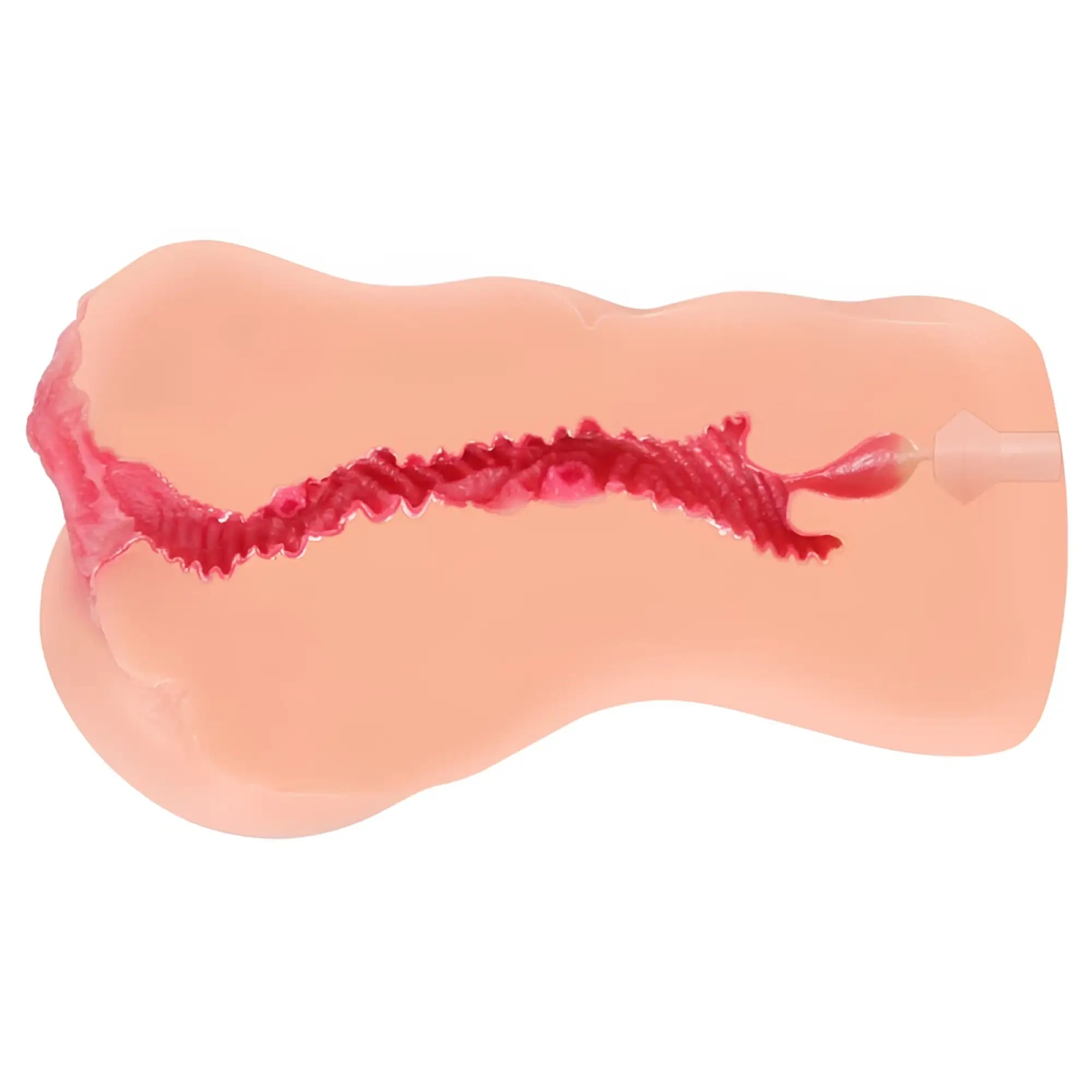 Pink silicone anal plug with red textured internal ridges from kokos adele onahole handheld masturbator