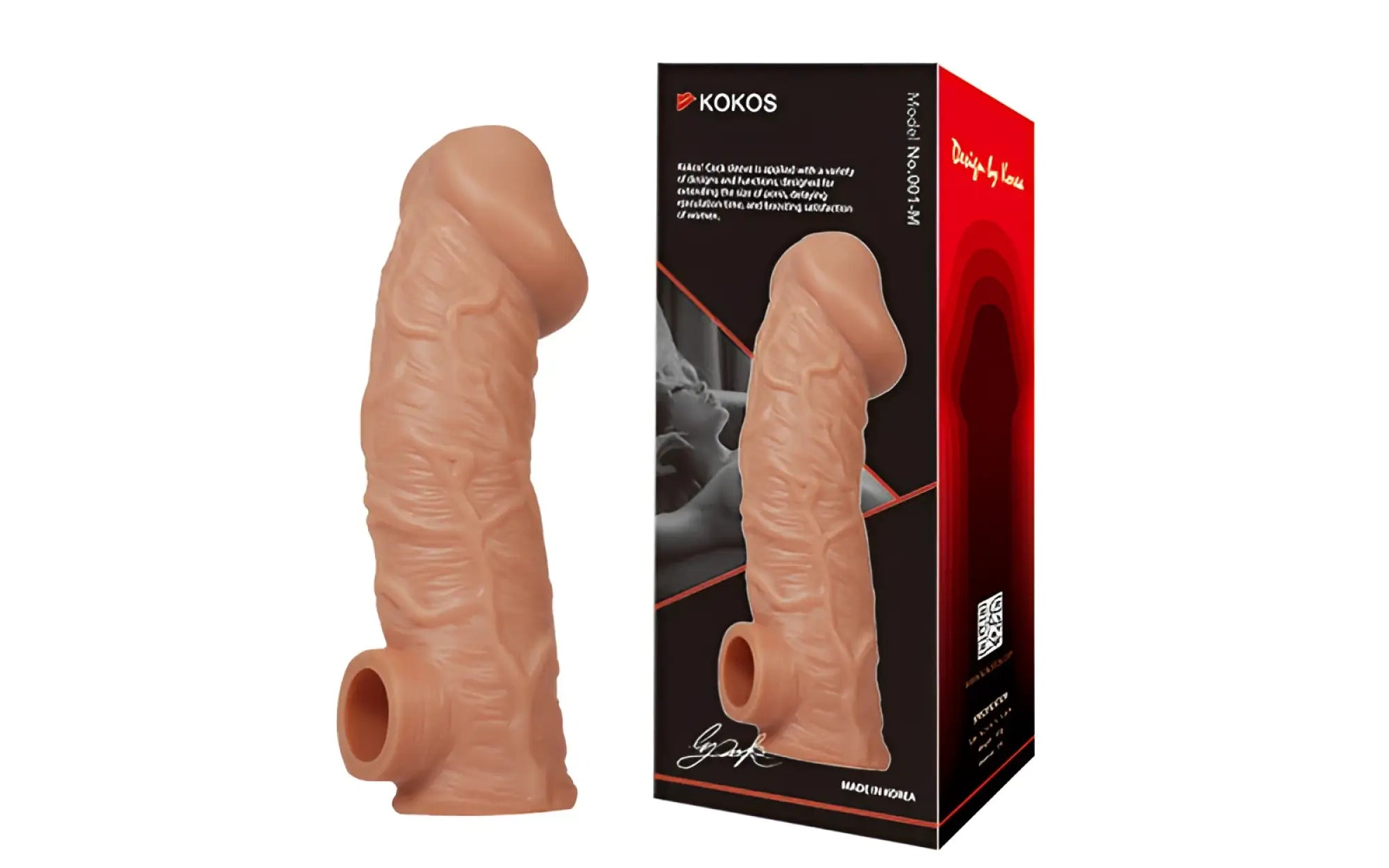 Peach-colored silicone kokos cock sleeve 1 large cock ring with textured surface and hollow base