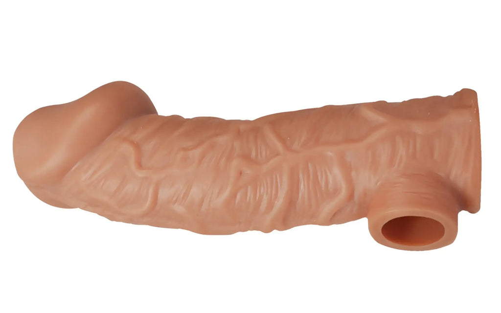 Tan-colored textured silicone kokos cock sleeve 1 medium with a hollowed-out end for comfortable fit