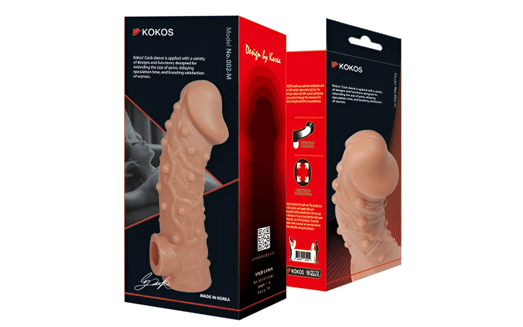 Kokos cock sleeve 2 medium in black silicone showing the front side of the textured male sleeve model no