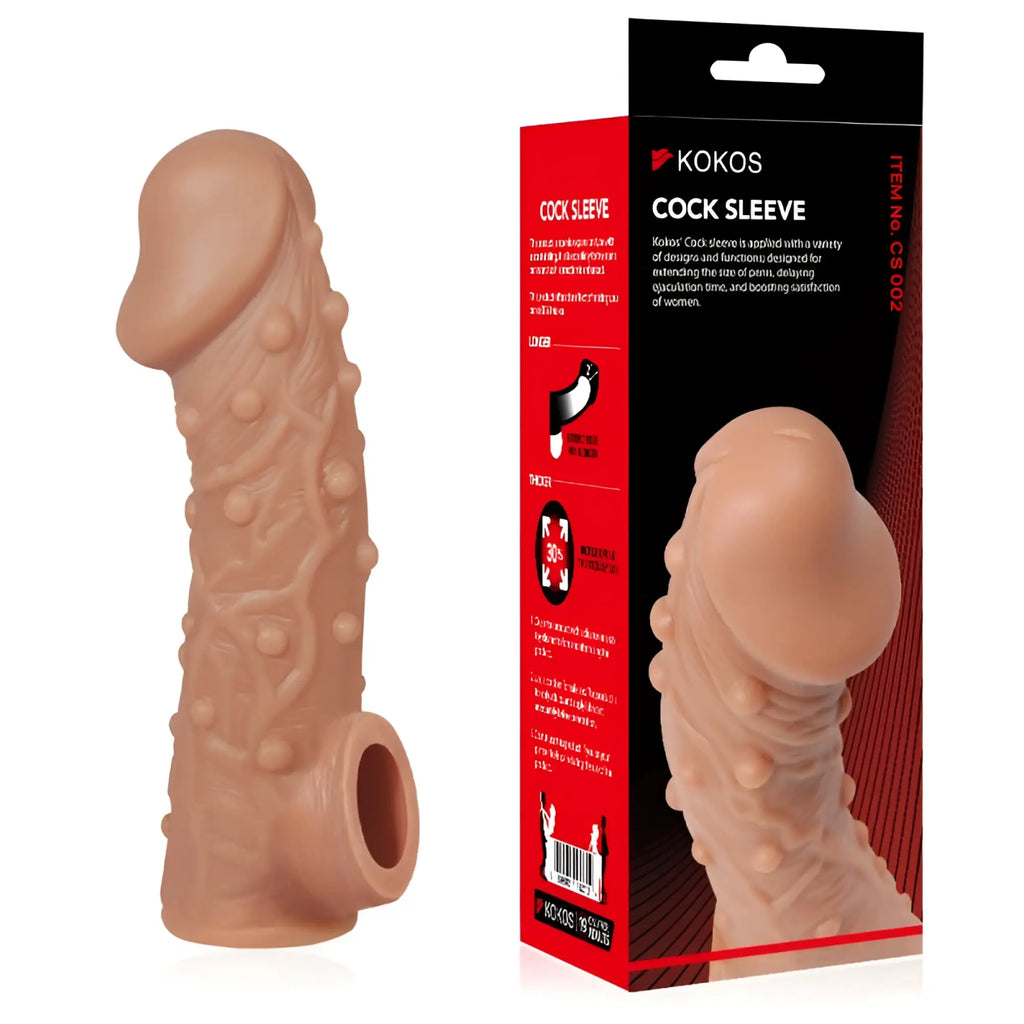 Tan silicone kokos cock sleeve 2 small with textured bumpy surface and hollow base for enhanced sensation