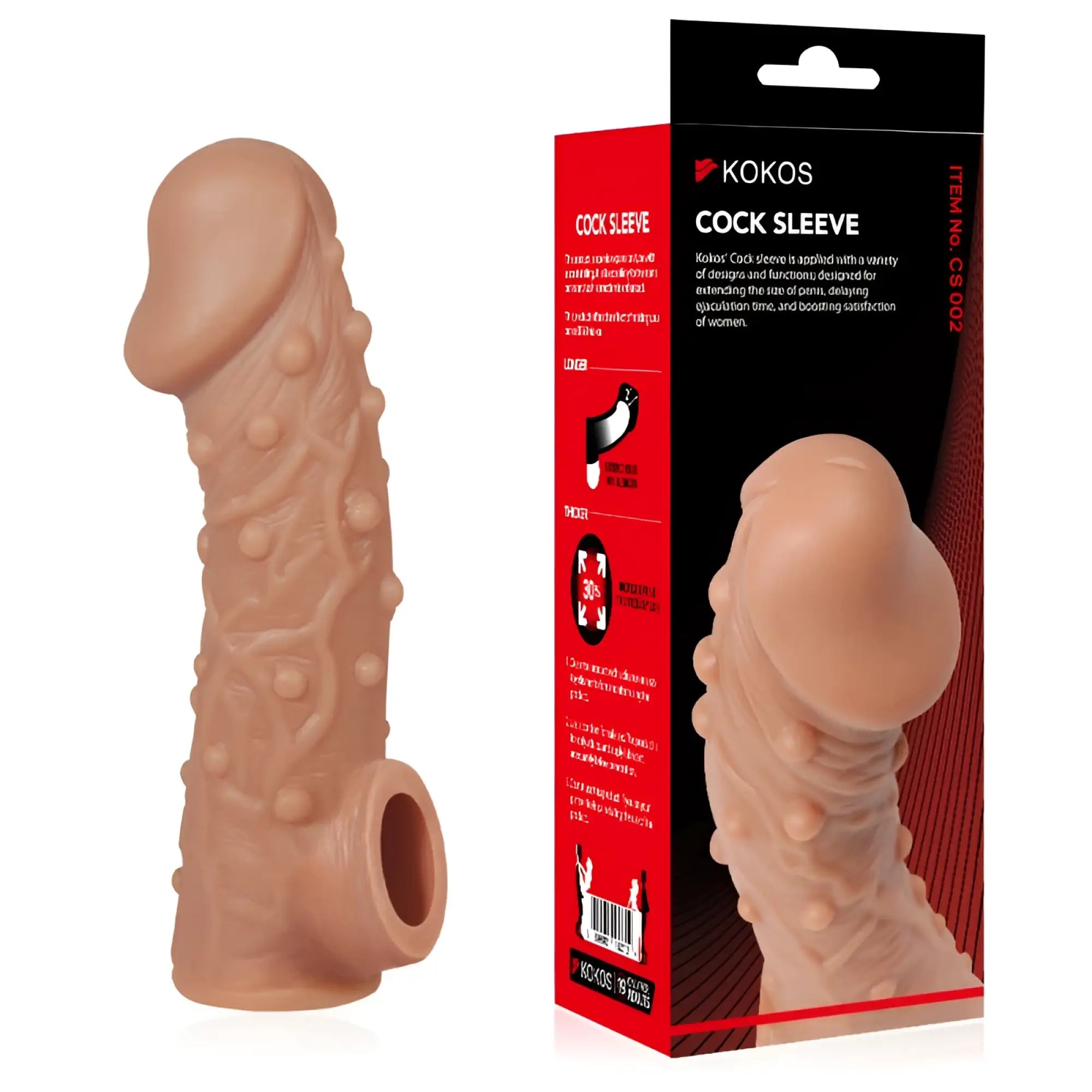 Tan silicone kokos cock sleeve 2 small with textured bumpy surface and hollow base for enhanced sensation