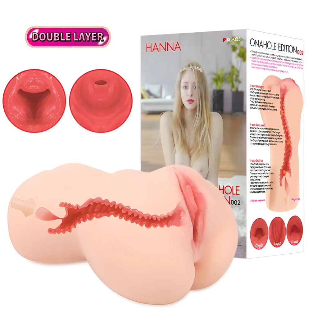 Pink silicone anal plug with red textured inner lining and double layer design in kokos hanna onahole 2 handheld masturbator
