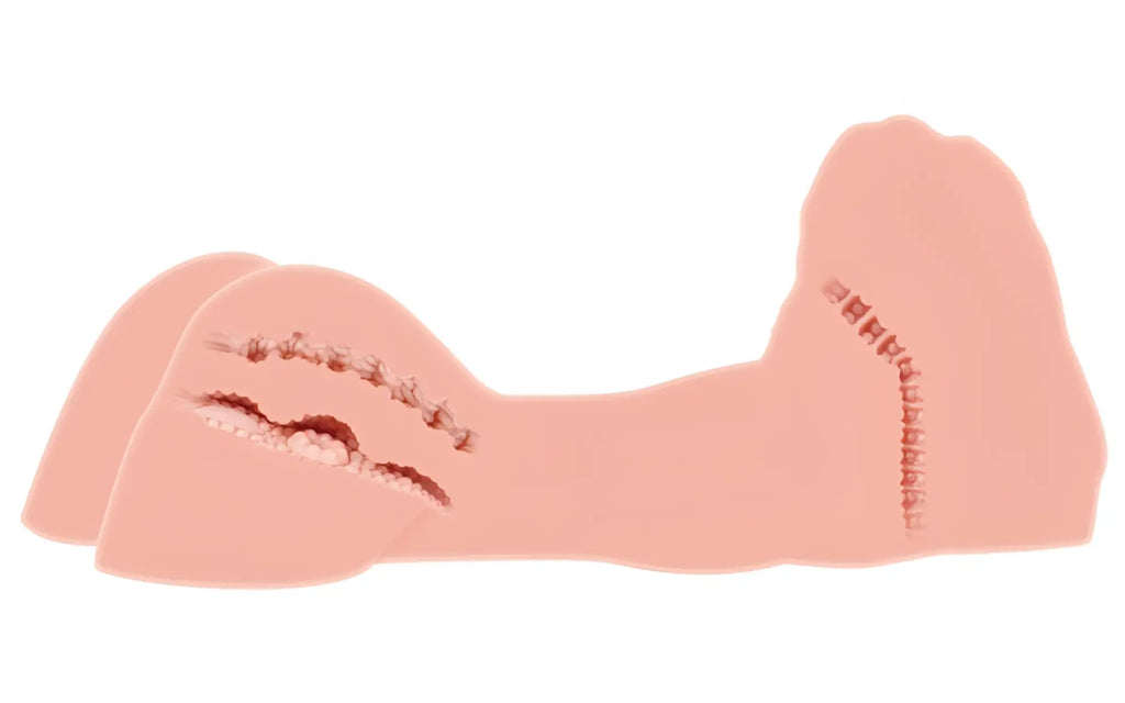 A pink illustrated medical diagram of a stitched wound with sutures on the back side of kokos love doll real hera 1
