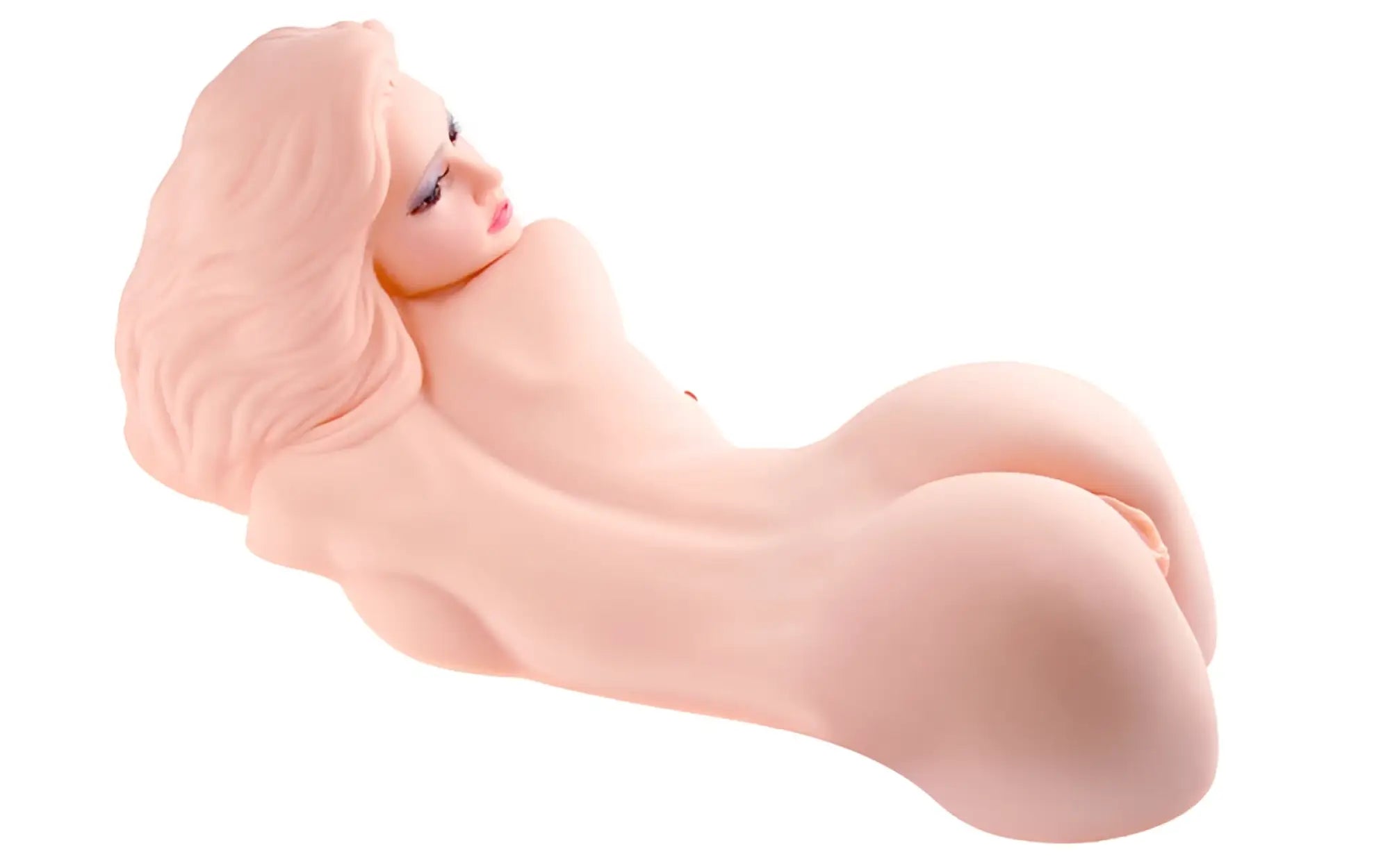 A realistic peach-toned silicone kokos love doll hera 1 reclining woman with long blonde hair and detailed face