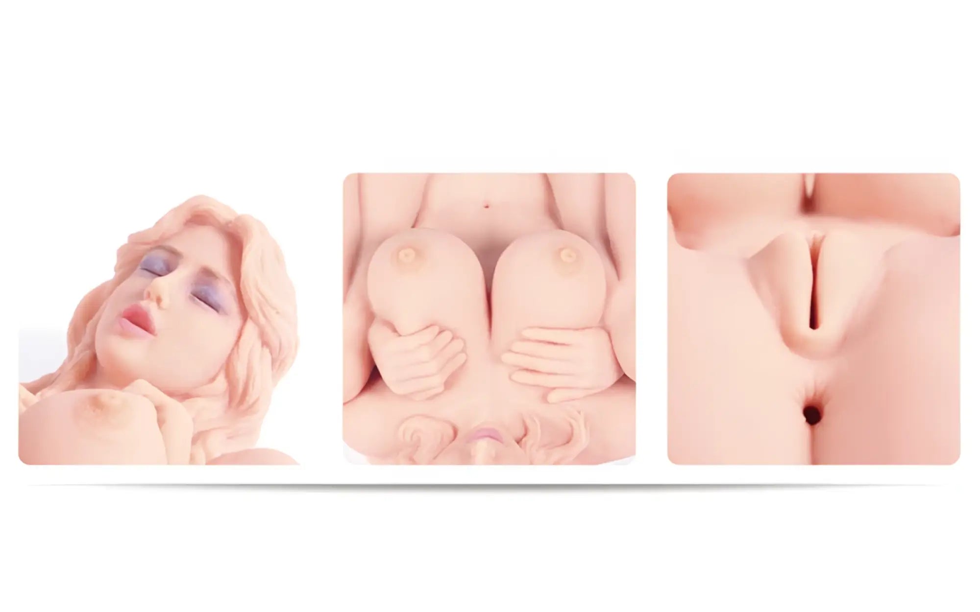 A realistic peach-toned silicone love doll kokos real victoria with detailed facial features and lifelike skin texture