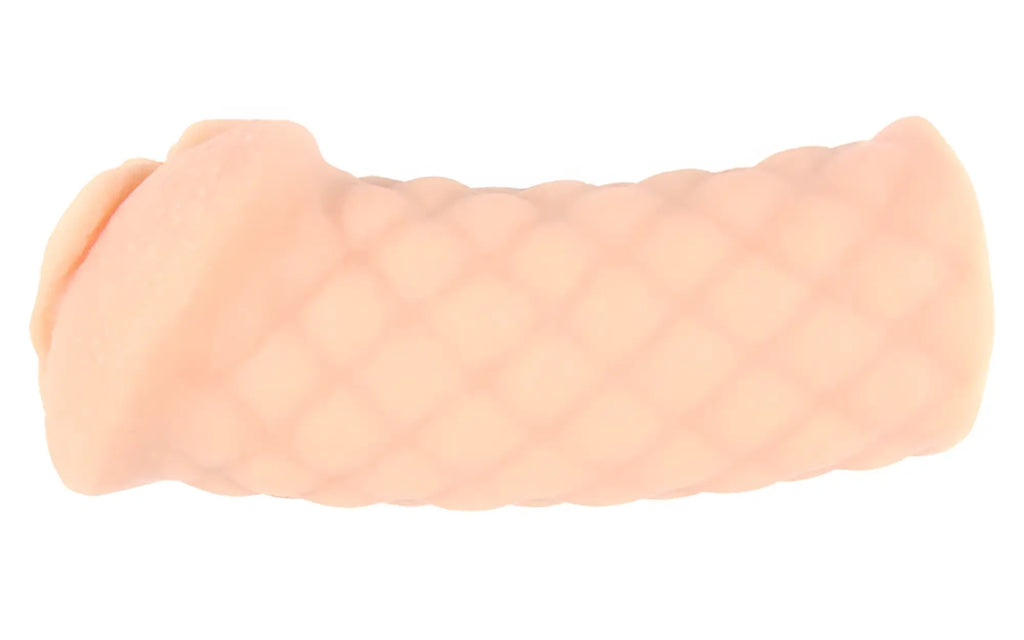 Peach-colored silicone kokos masturbator elegance 2 with a textured diamond-patterned surface for enhanced stimulation
