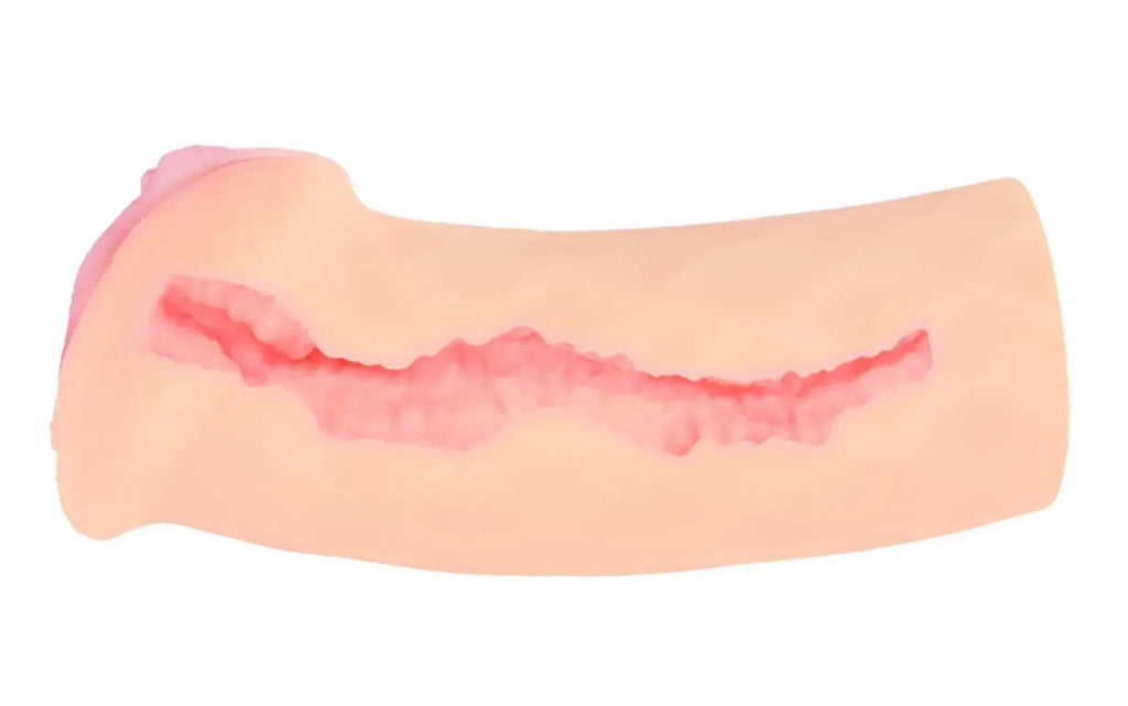 A peach-colored flesh-toned silicone masturbator with a textured pink interior lining from kokos elegance 7
