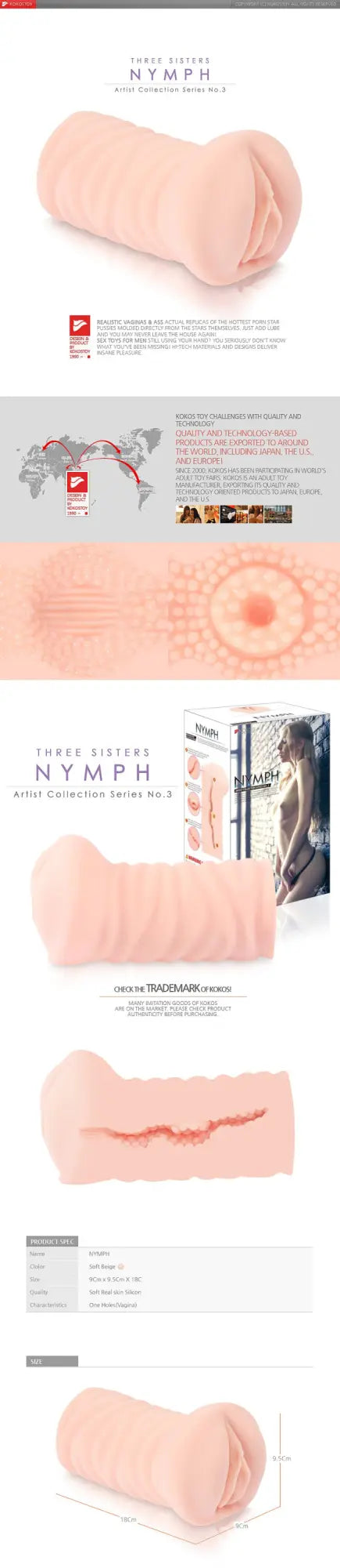 Peach-colored silicone Kokos Masturbator Nymph with smooth rounded design and textured surface details