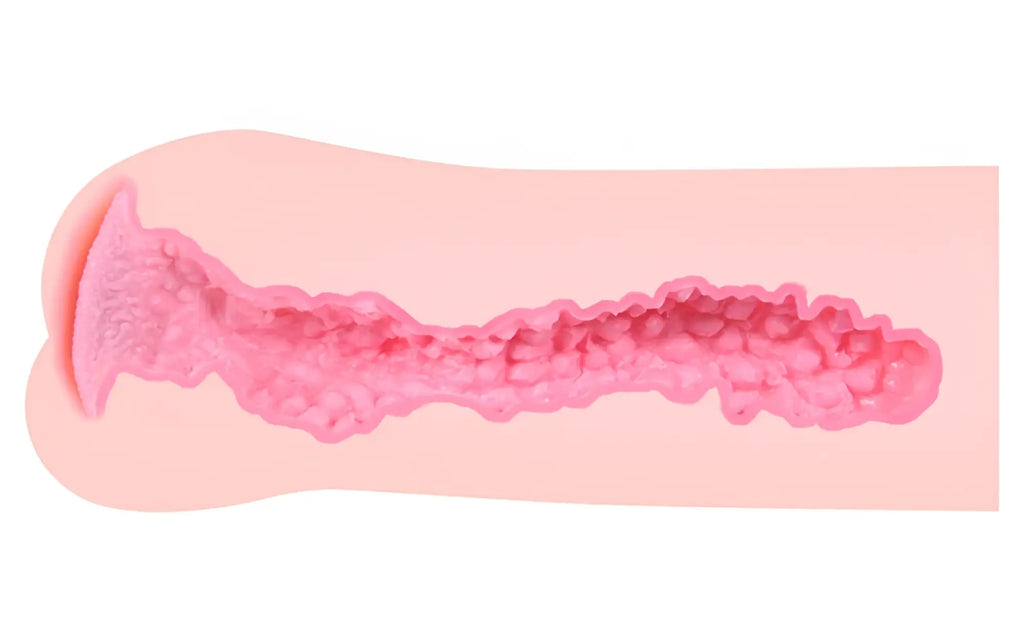 Pink silicone phallic-shaped mold with textured bumpy surface and tapered end for kokos masturbator sandara