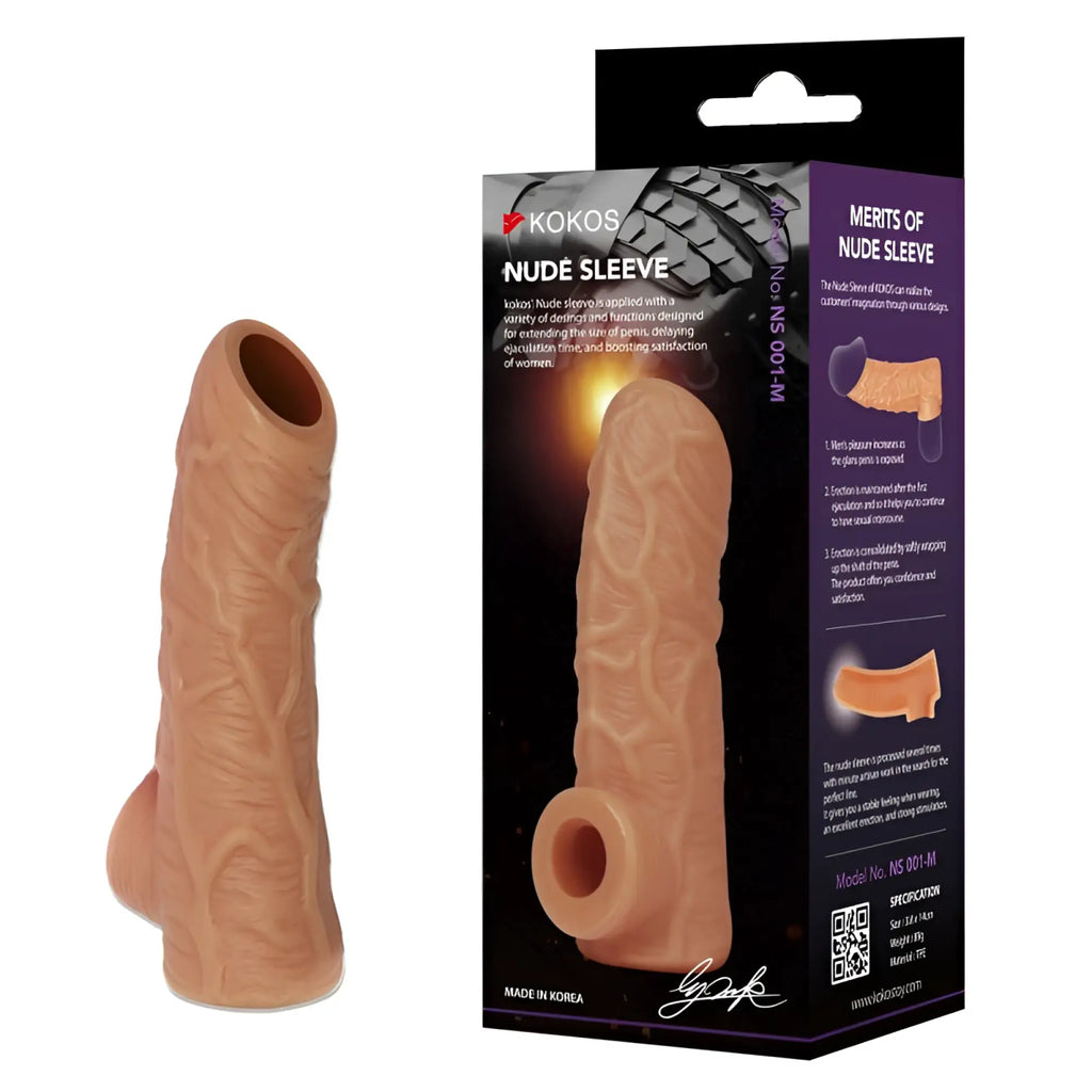 Nude-colored silicone sleeve kokos nude sleeve ns 001-m with textured surface for medium use