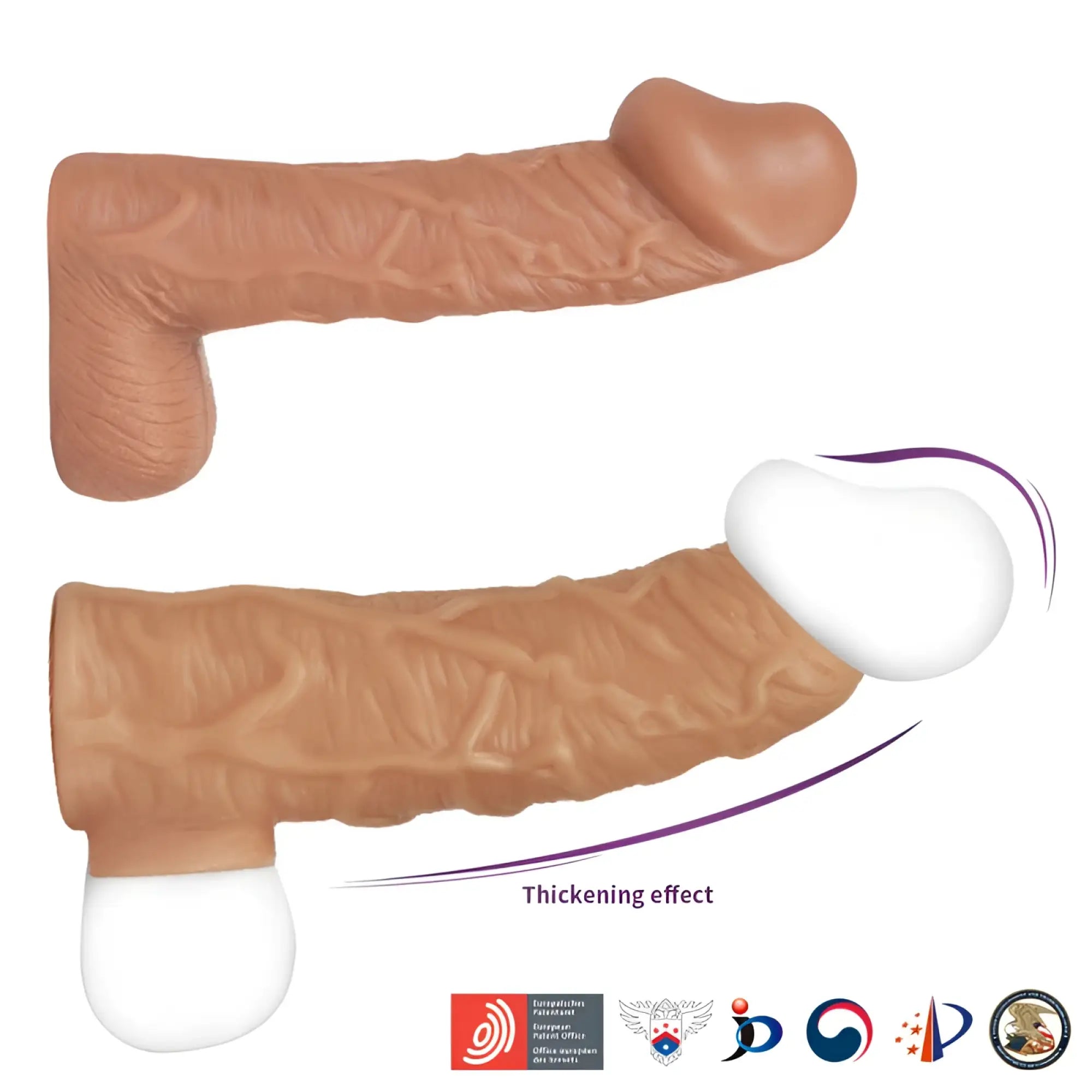 Tan-colored realistic textured silicone phallus-shaped toy with white base and tip kokos nude sleeve 1 small