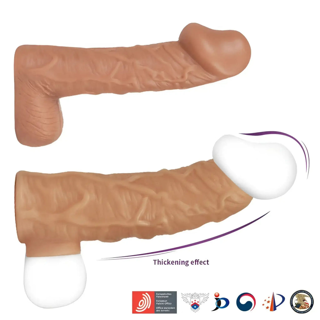 Tan-colored realistic textured silicone phallus-shaped toy with white base and tip kokos nude sleeve 1 small