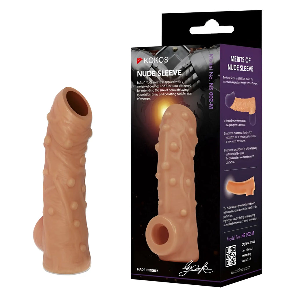 The kokos nude sleeve 2 small is a peach textured silicone sleeve with raised bumps and ridges for sexual activity