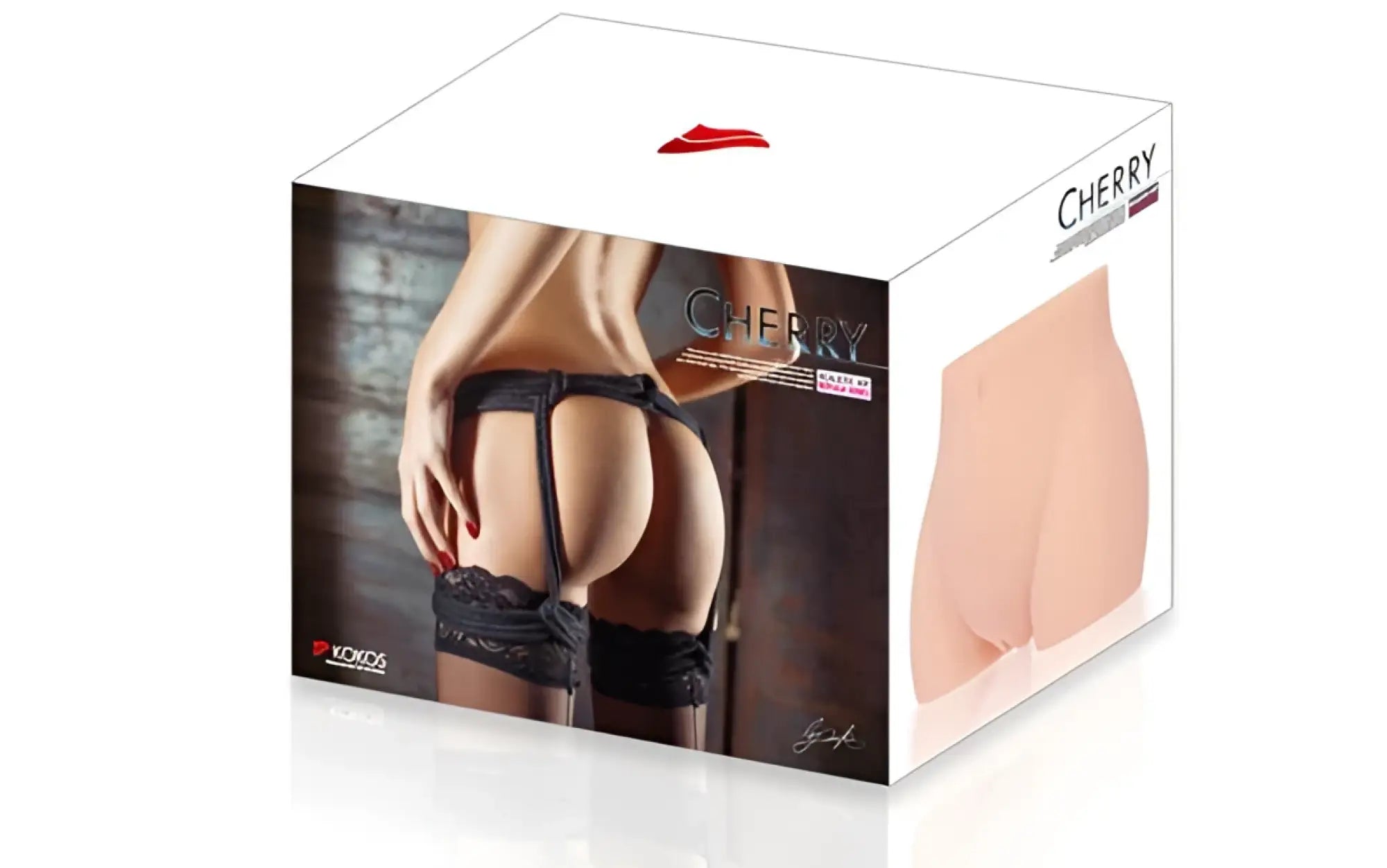 Cherry brand silicone butt plug with black lace trim shown from the back side in kokos real hip cherry design