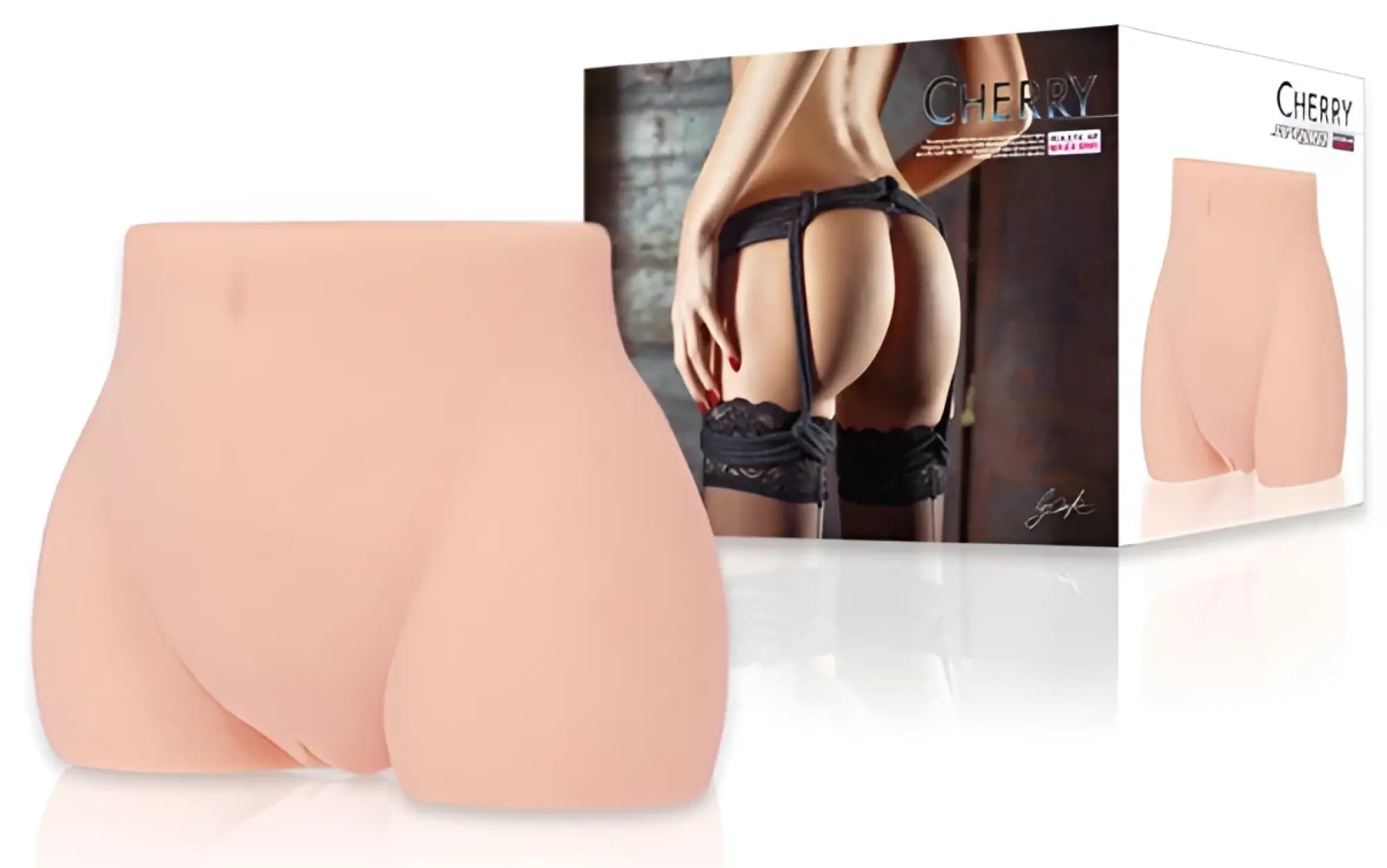 Pink silicone buttocks shaped toy with black lace garter belt design branded as cherry shown from the back side