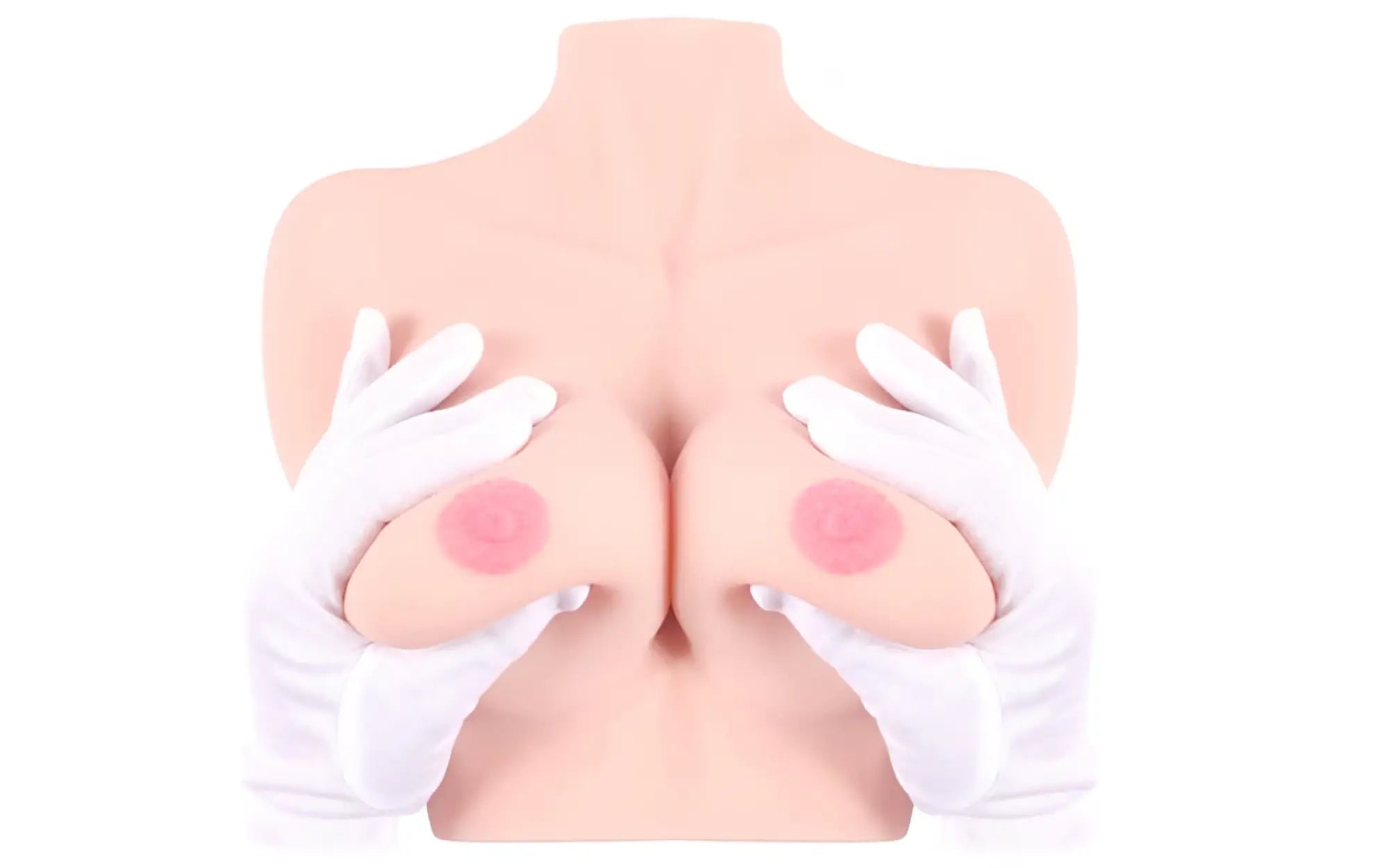 Pink silicone breast model with circular pink pads on each side from kokos real titties d cup displayed on white background