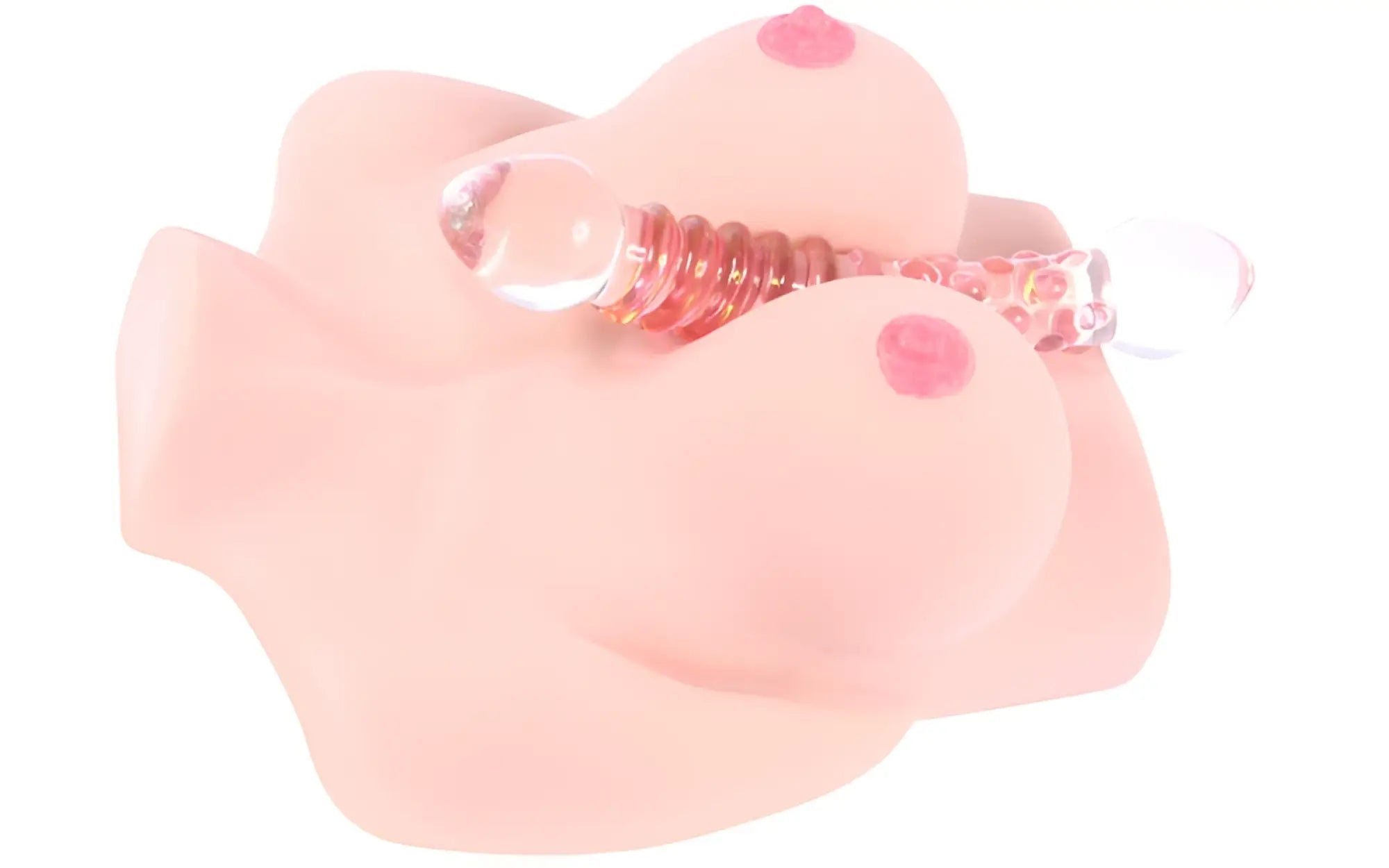 Pink silicone breast-shaped dildo with clear glass beads and red spiral design kokos real titties d cup