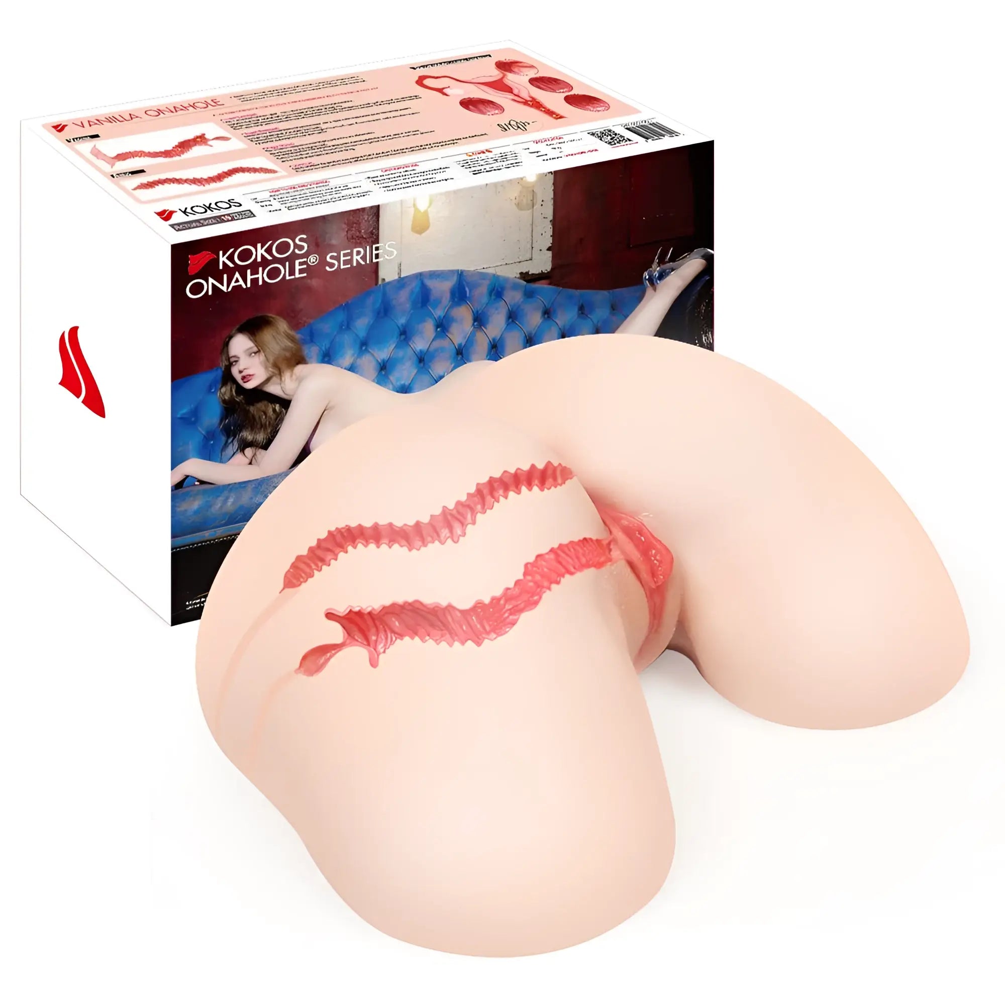 Beige silicone kokos vanilla onahole edn 4 butt torso with red textured vaginal opening visible from back side
