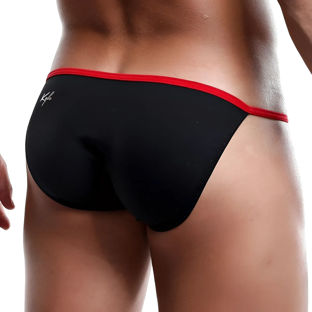 Black kipkay thong with red trim shown from the back in a Kyle KLI019 bikini brief style