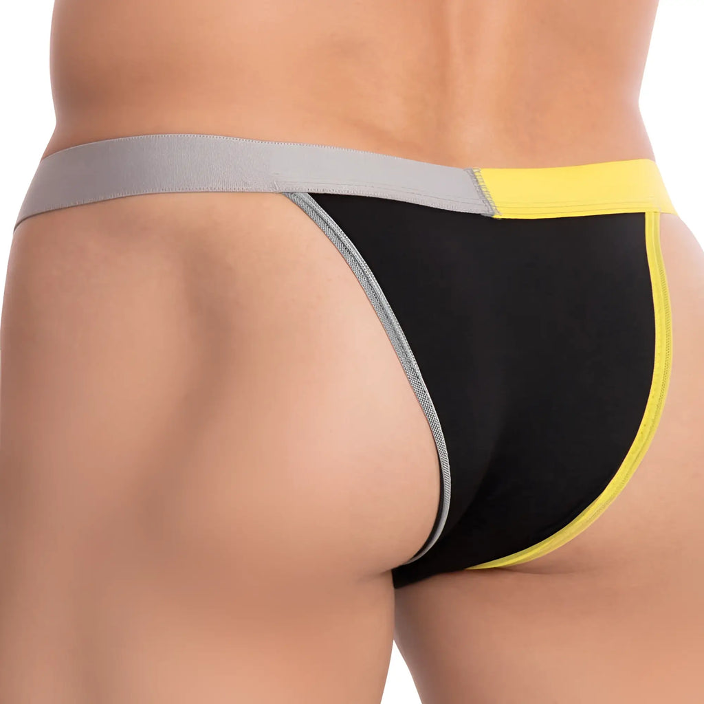 Black kyle kli032 bikini brief thong with gray and yellow trim showing front side design