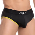 Black kyyle menâ€™s bikini briefs with yellow and gray trim featuring comfortable breathable fabric