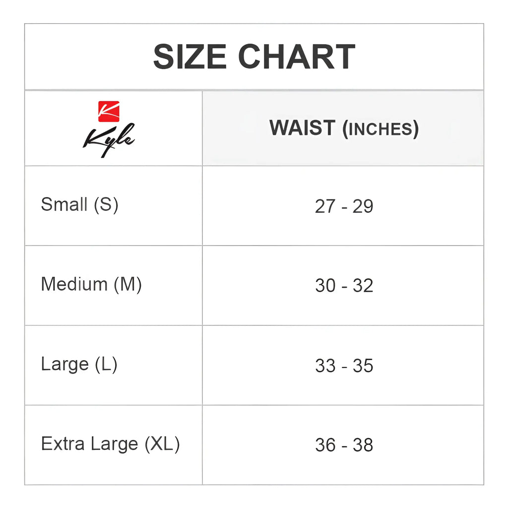 Kyle KLI033 bikini brief size chart showing waist measurements for comfortable fit options in various sizes