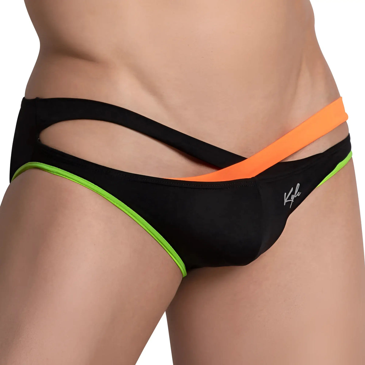 Black menâ€™s swim trunks kyle kli041 bikini brief with neon green and orange accent stripes for beachwear