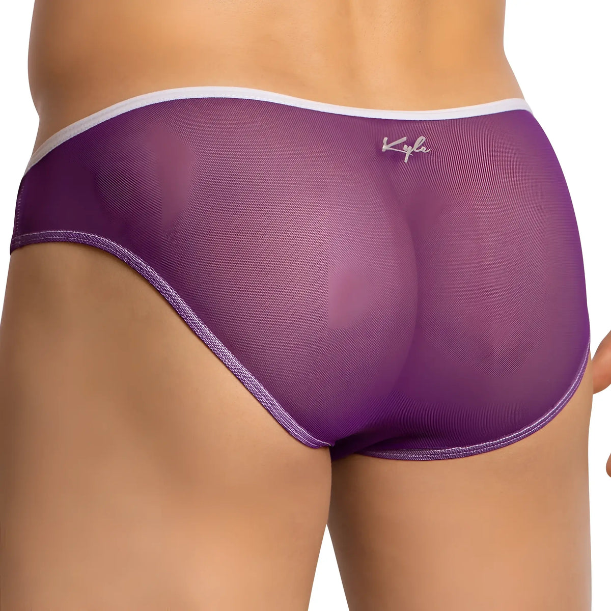 Kyle kli043 bikini brief in purple mesh with white trim and subtle kyla logo embroidered on the waistband