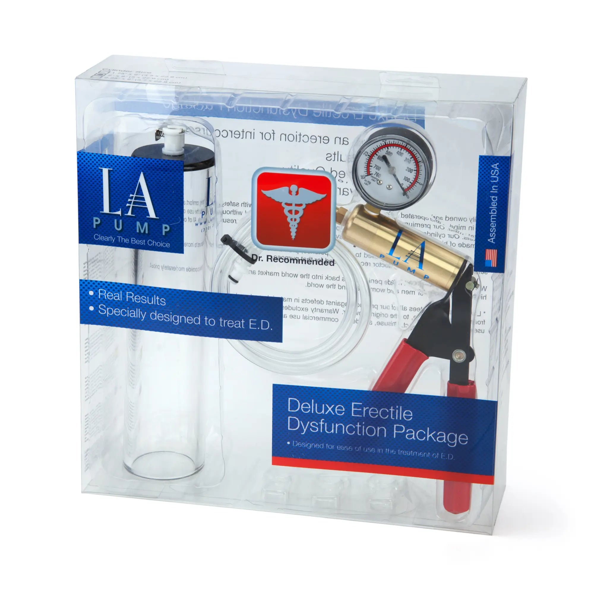 La pump deluxe erectile dysfunction package with clear glass cylinder black white components red handle pump and brass gauge