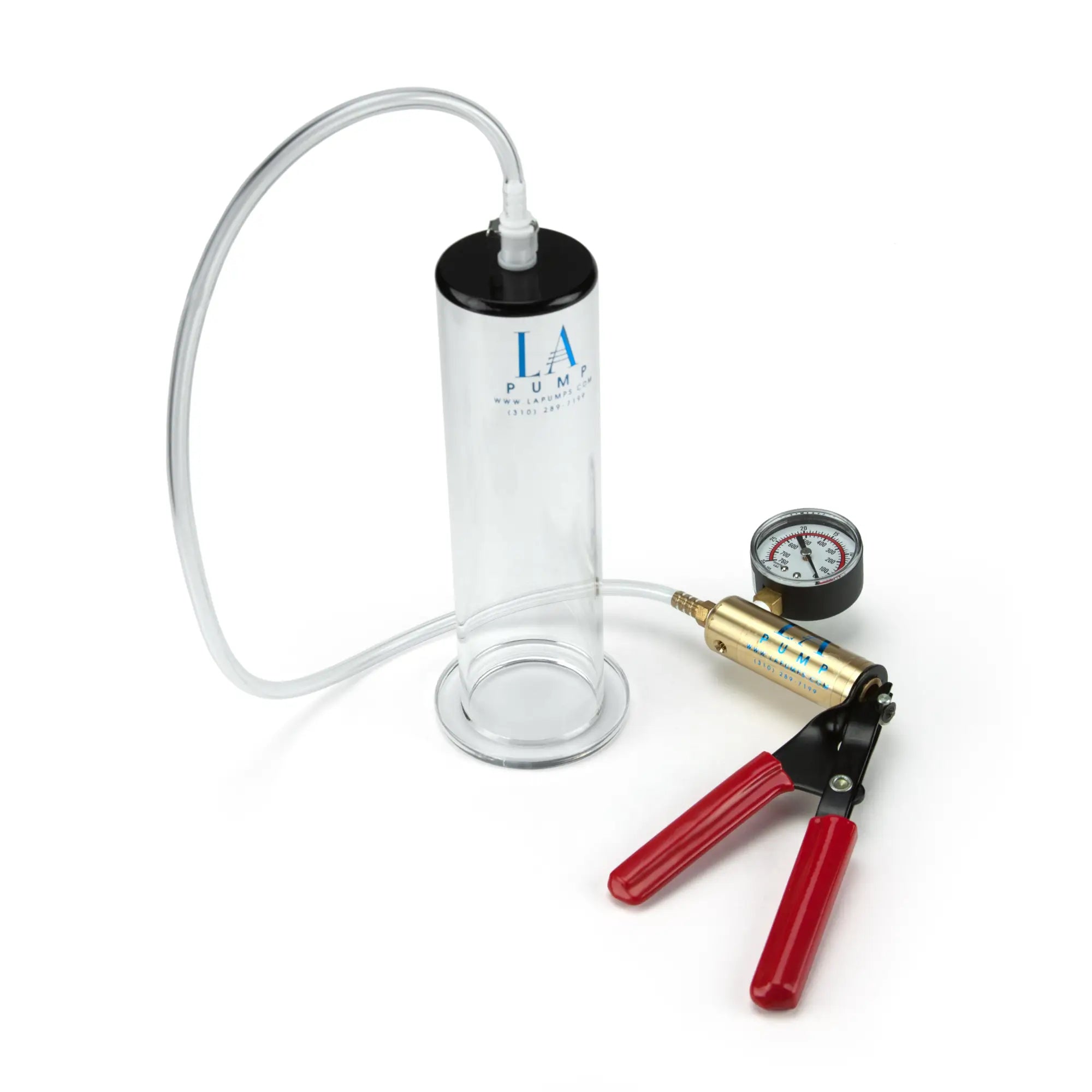 Clear glass vacuum cup with black top gold pump handle and red grips in la pump deluxe erectile dysfunction package