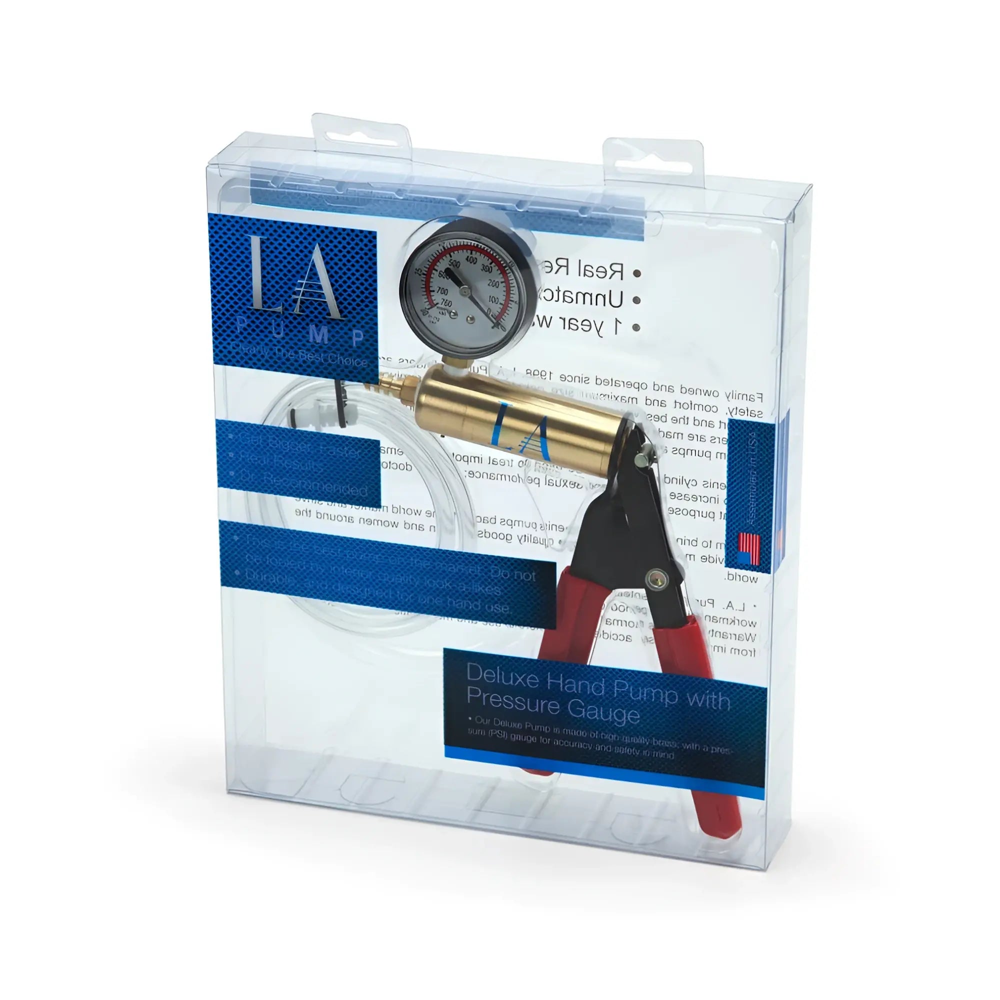 La pump deluxe hand pump with gauge brass and red-handled with pressure gauge packaged in clear plastic