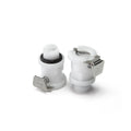 White plastic la pump female coupler caps with silver metal clamps and black rubber seals for secure connections