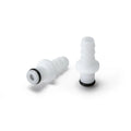 White plastic LA Pump male coupler hose connectors with black rubber o-rings for secure fluid connections