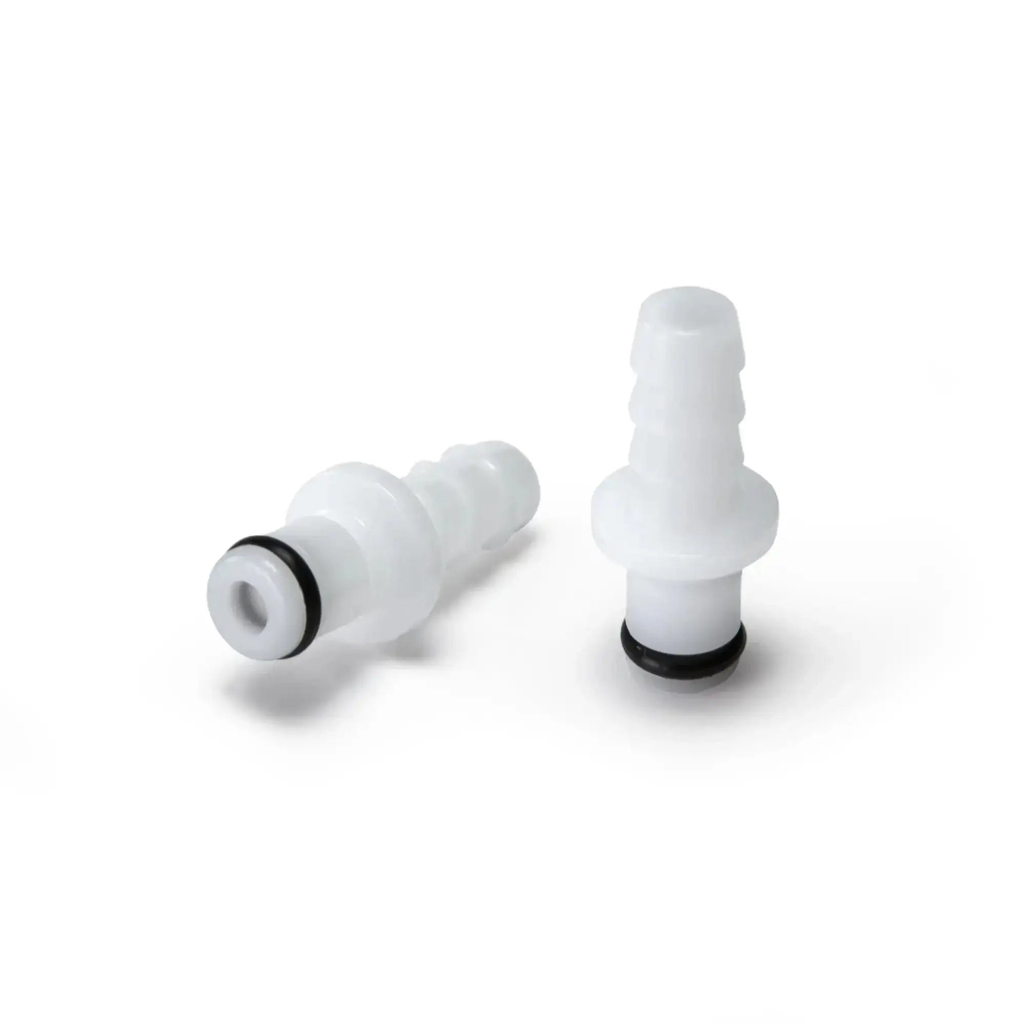 White plastic LA Pump male coupler hose connectors with black rubber o-rings for secure fluid connections