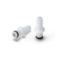 White plastic LA Pump male coupler hose connectors with black rubber o-rings for secure fluid connections