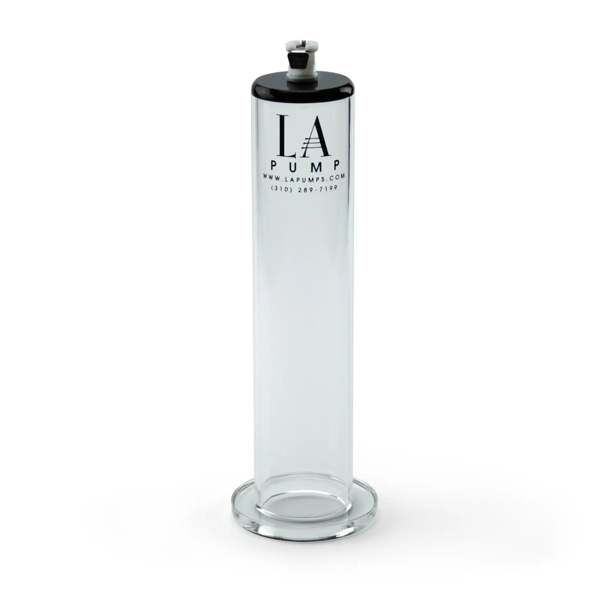 Clear glass penis cylinder with black suction cup pump top and base featuring la pump branding 1.5in x 9in