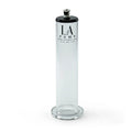 Clear glass penis cylinder with black suction cup top and base branded la pump measuring 1.75in x 10in